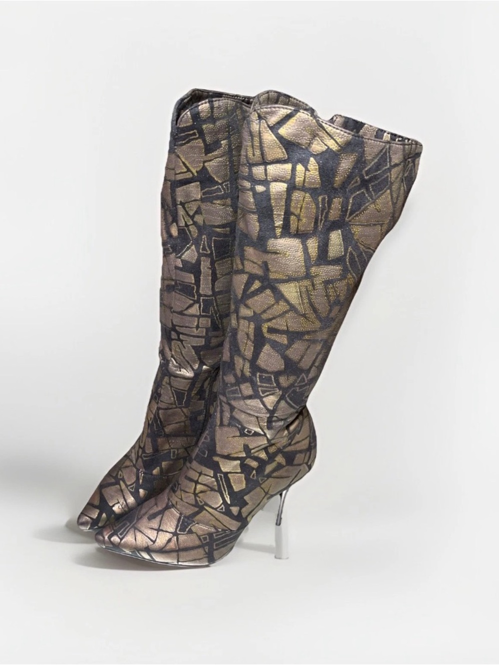 Caliente Size 6 Knee High Boots 17" Black Gold Green Geometric 4" Stiletto heel